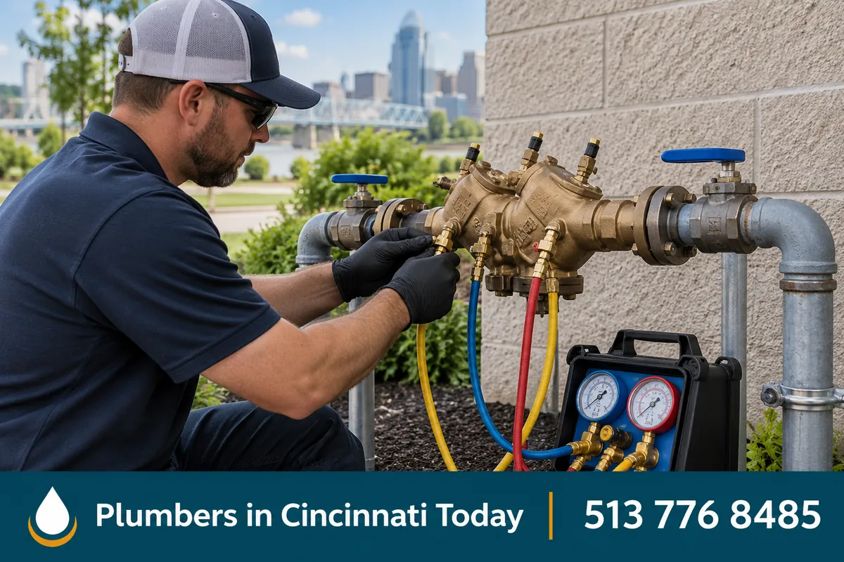 Certified tester connecting a test kit to a backflow preventer outside a Cincinnati business