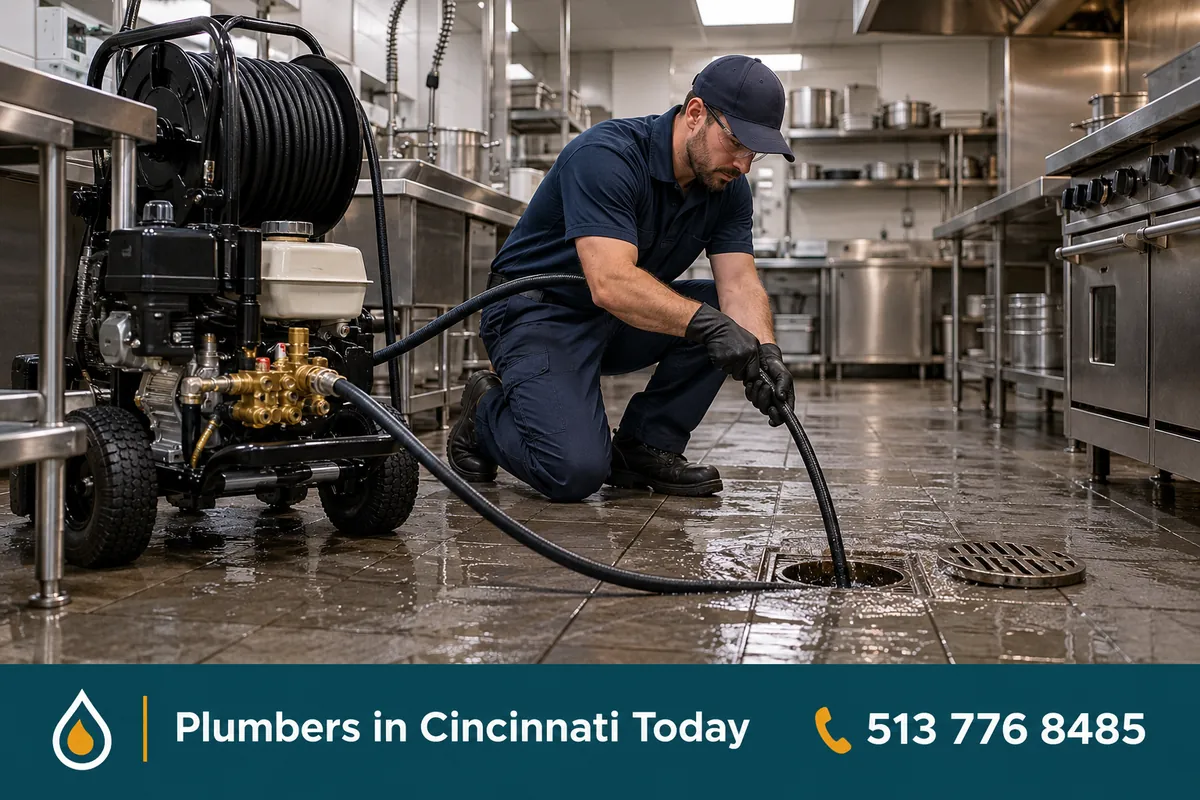 Commercial plumber jetting a restaurant kitchen floor drain after hours