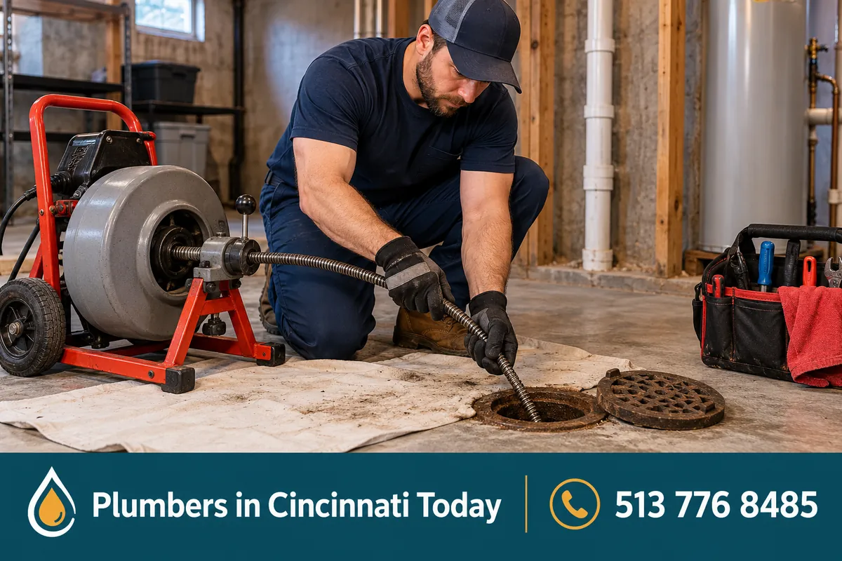 Plumber feeding a drain cleaning machine cable into a basement floor drain in a Cincinnati home