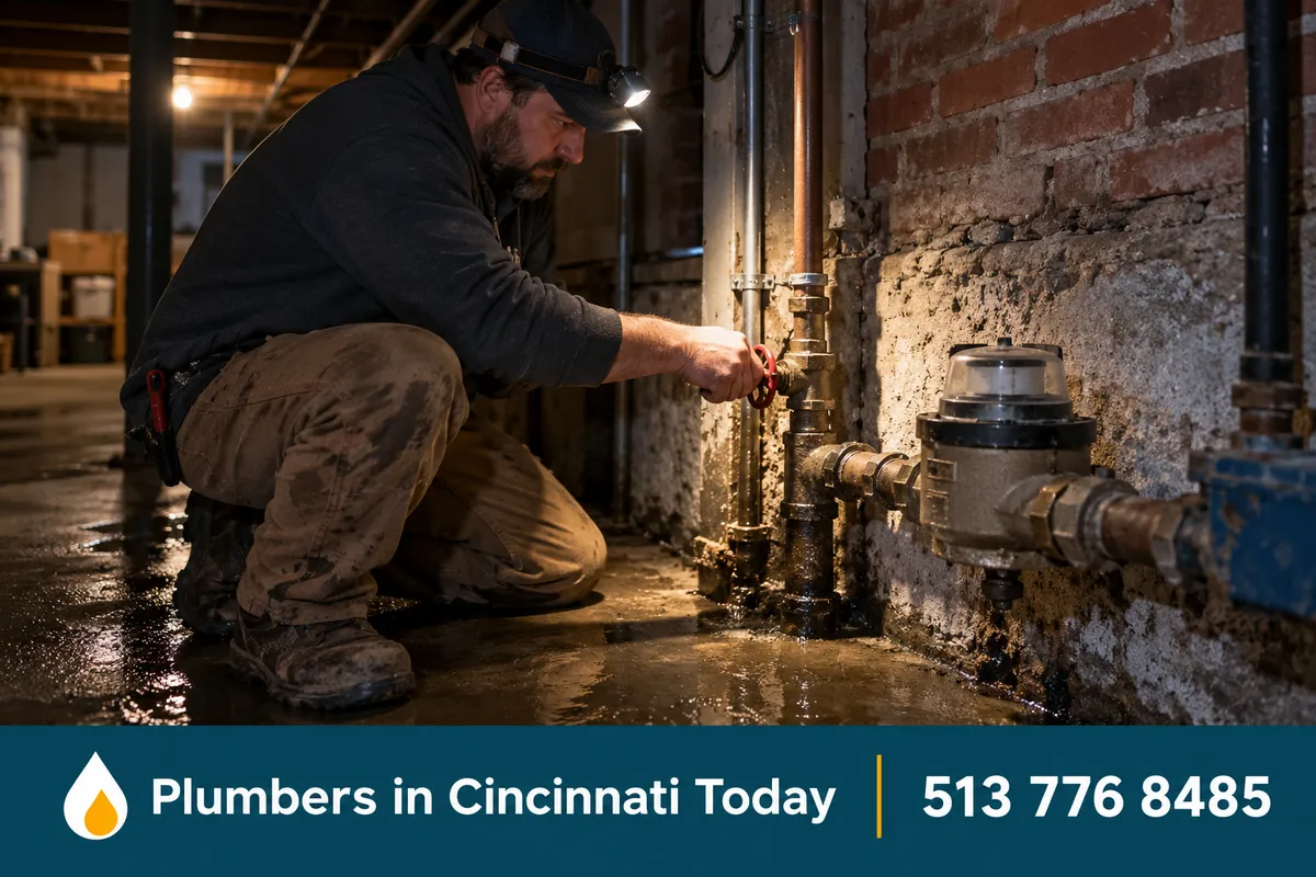 Plumber shutting off a main water valve in a Cincinnati basement during a night-time emergency call