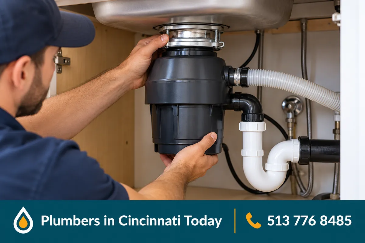 Plumber installing a new garbage disposal under a kitchen sink