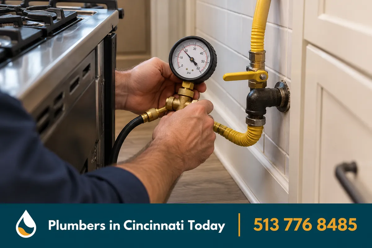 Plumber pressure-testing a new gas line connection behind a kitchen range