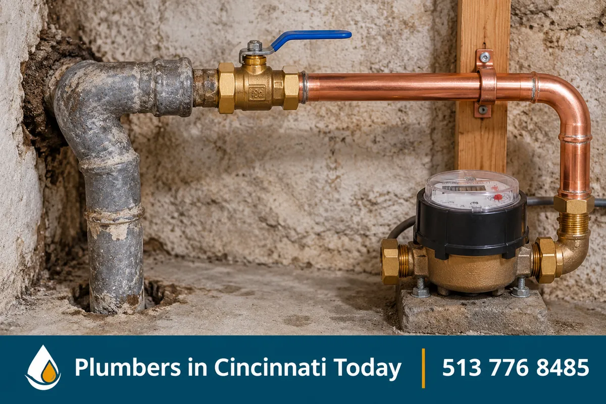 Old lead water service line next to new copper pipe at a basement water meter
