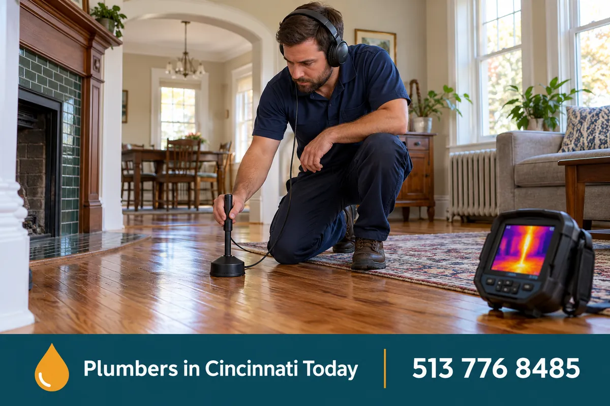 Plumber using an acoustic leak detector on a floor in a Cincinnati home