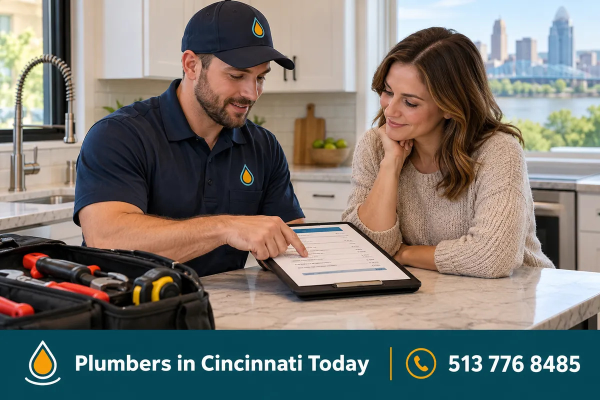 Plumber reviewing an itemized written quote with a Cincinnati homeowner