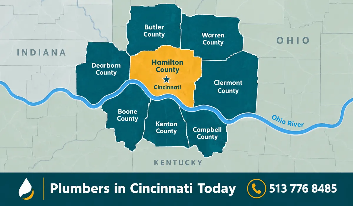Map of the Plumbers in Cincinnati Today service area across the Tri-State