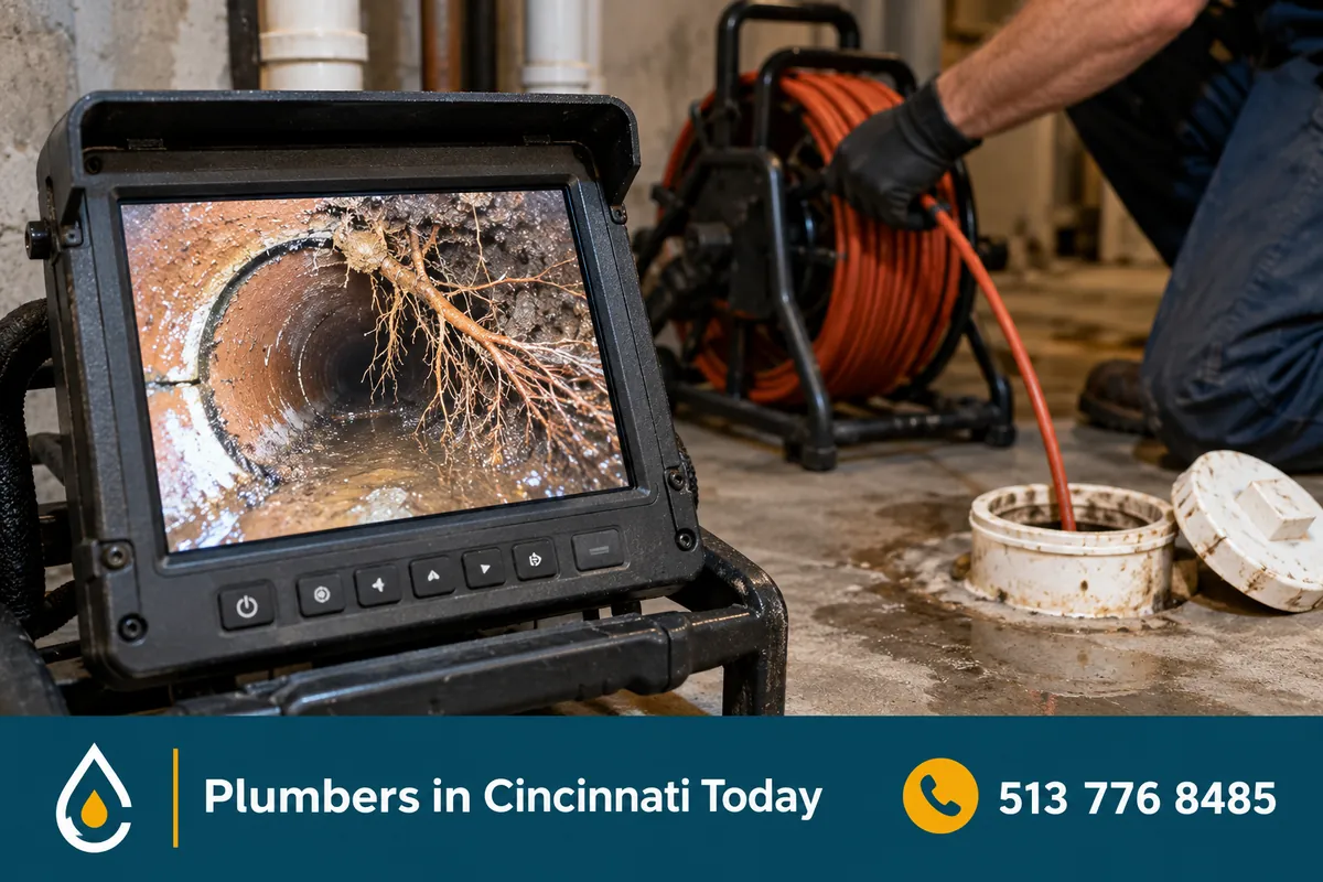 Sewer camera monitor showing tree roots inside a clay sewer pipe