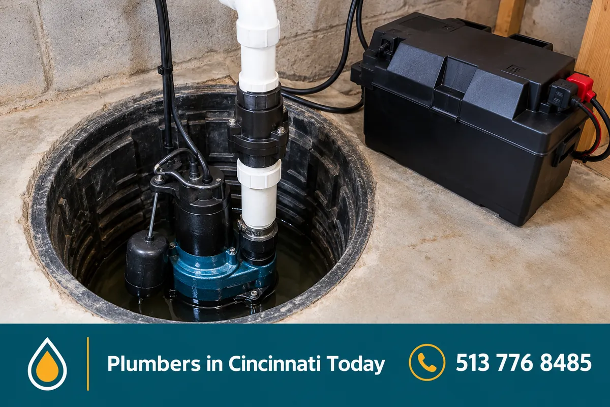 New sump pump with check valve and battery backup in a basement sump pit