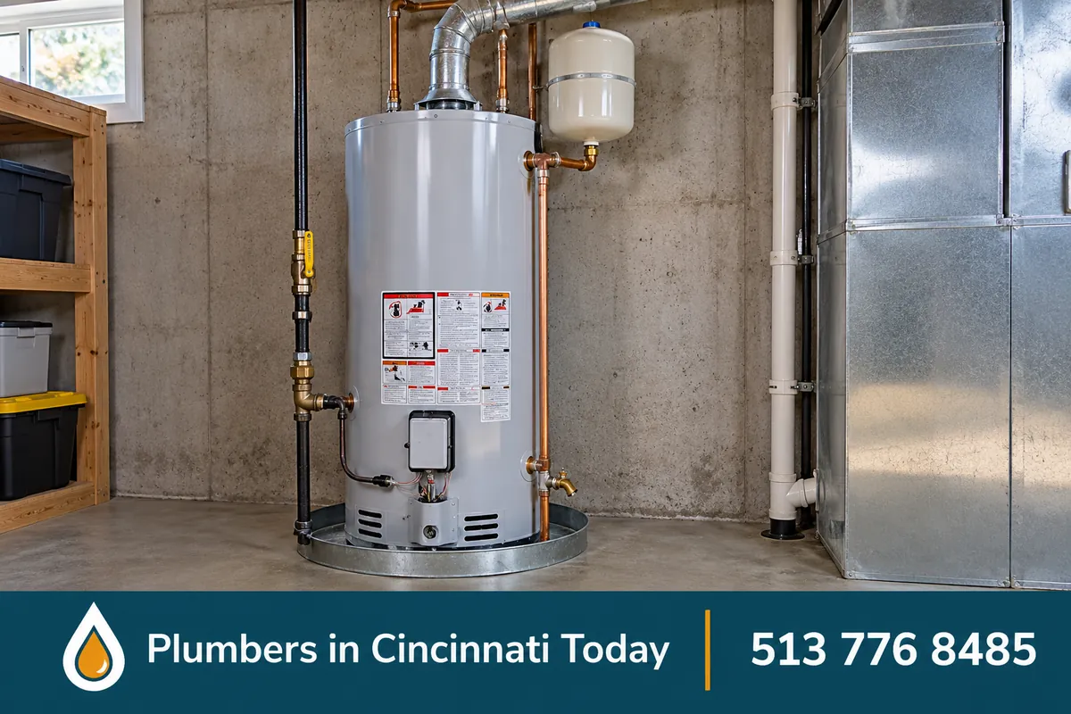 Newly installed gas water heater with expansion tank in a Cincinnati basement