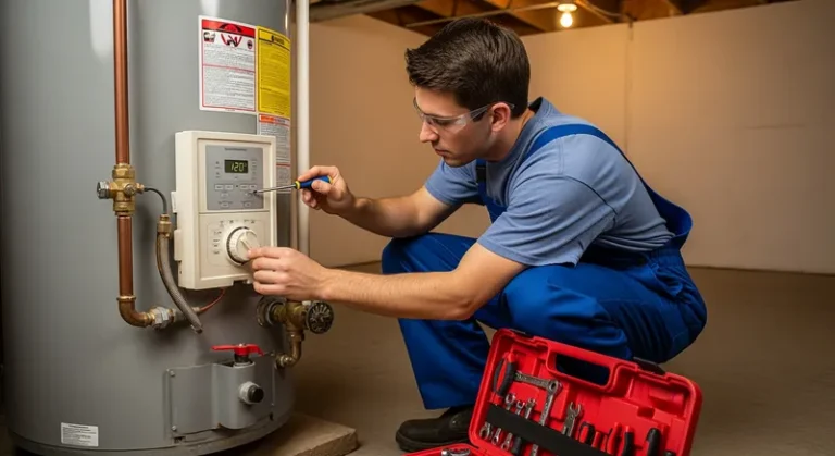 plumbing technician performing maintenance on a water heater thermostat