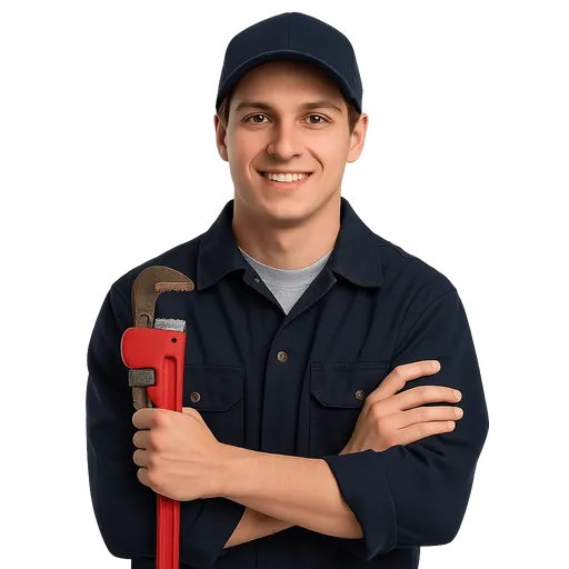 Plumber holding a red adjustable wrench, smiling, representing expert plumbing services for residential and commercial customers in Roanoke Valley