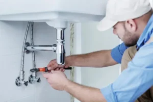 Plumber repairing sink plumbing under a white basin, showcasing expertise in emergency plumbing services for Fresno County residents