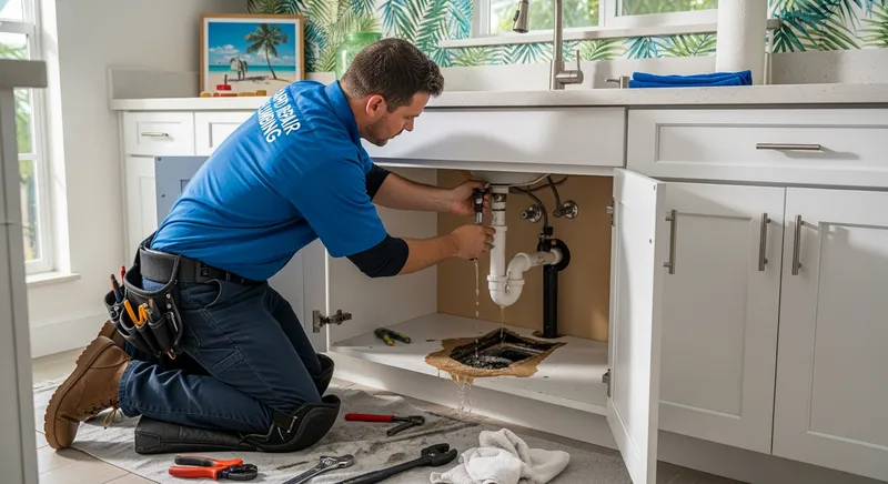 an image of a professional plumber repairing a burst pipe in a Fresno kitchen, emphasizing emergency plumbing services